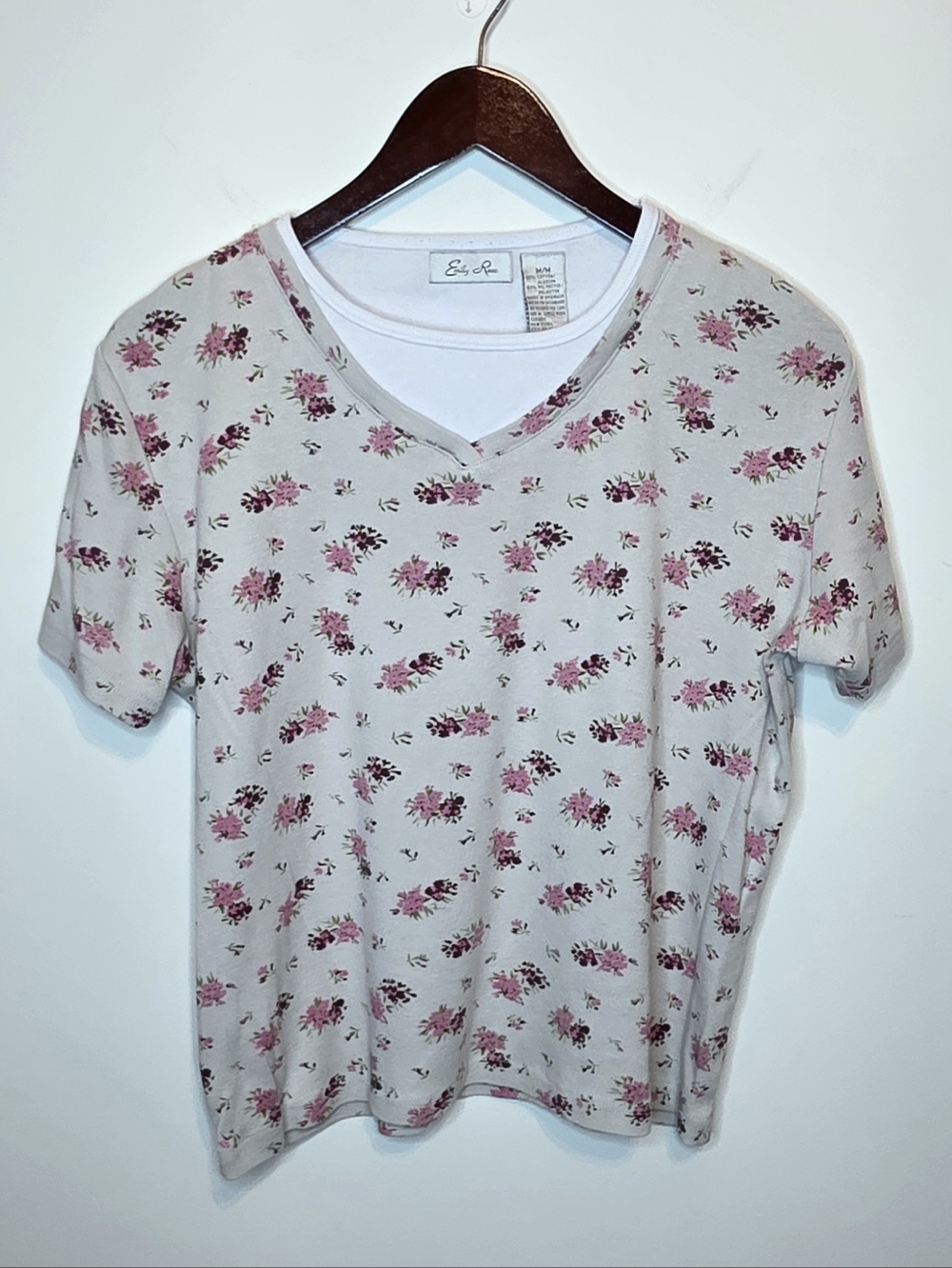 Emily Rose Pink Floral V-neck Layered Grandmacore Tee Cottagecore Size Medium